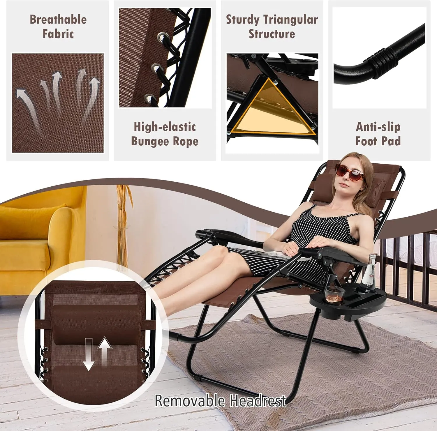 Tangkula Zero Gravity Chair, Folding Patio Lounge Chair Adjustable Outdoor Recliner with Cup Holder, Wide Armrest for Patio Garden Poolside Outdoor Yard Beach, Support 350 lbs (1, Brown)