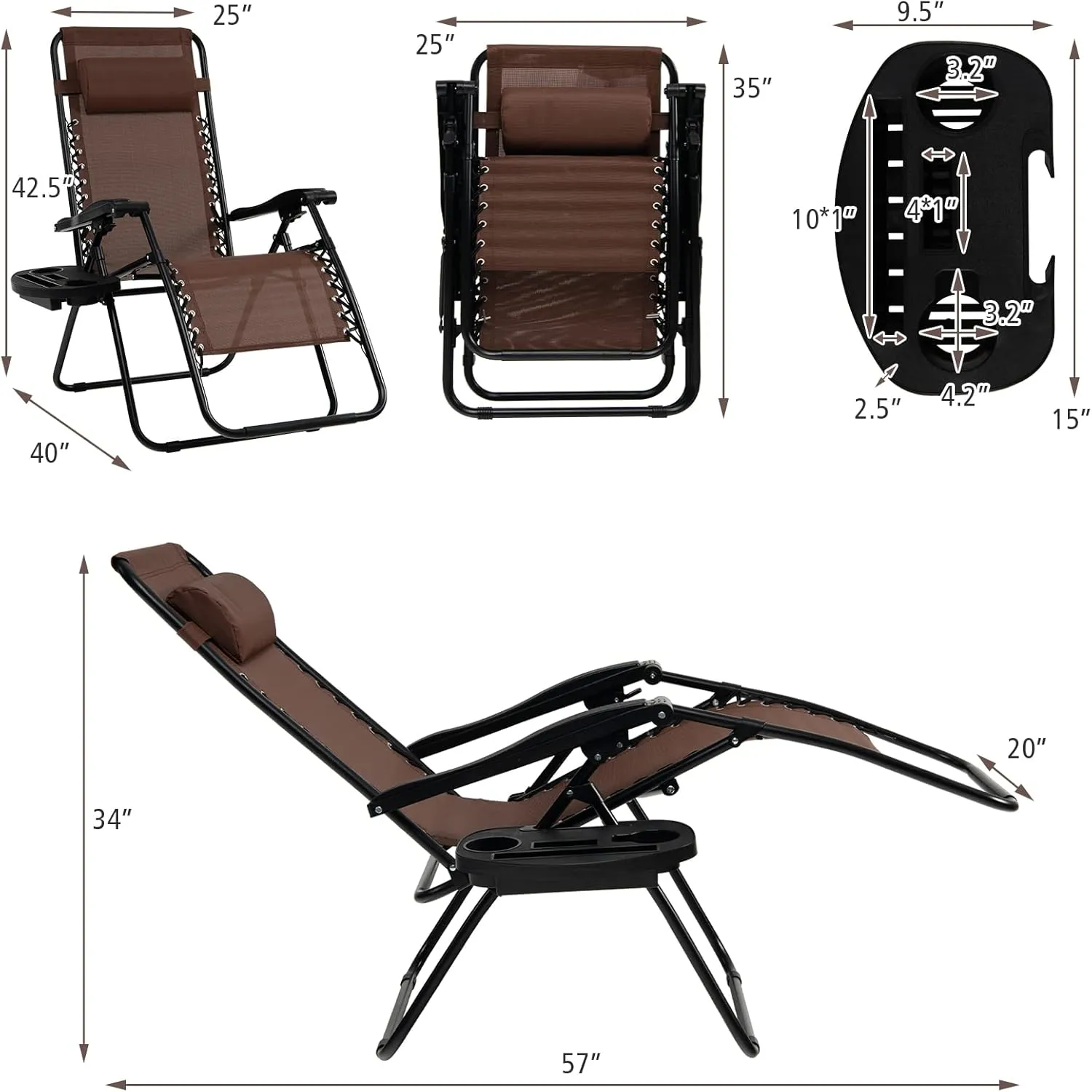 Tangkula Zero Gravity Chair, Folding Patio Lounge Chair Adjustable Outdoor Recliner with Cup Holder, Wide Armrest for Patio Garden Poolside Outdoor Yard Beach, Support 350 lbs (1, Brown)