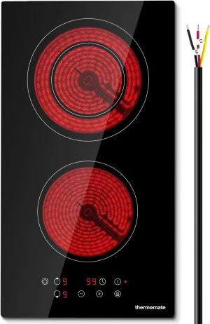 ThermoMate 2 Burners Electric Cooktop, 12 Inch Built in Electric Radiant Stove Top, 3200W Ceramic Glass Cooktop with Sensor Touch Control, 9 Heating Level, Chlid Lock & Timer, 220-240V Hard Wire