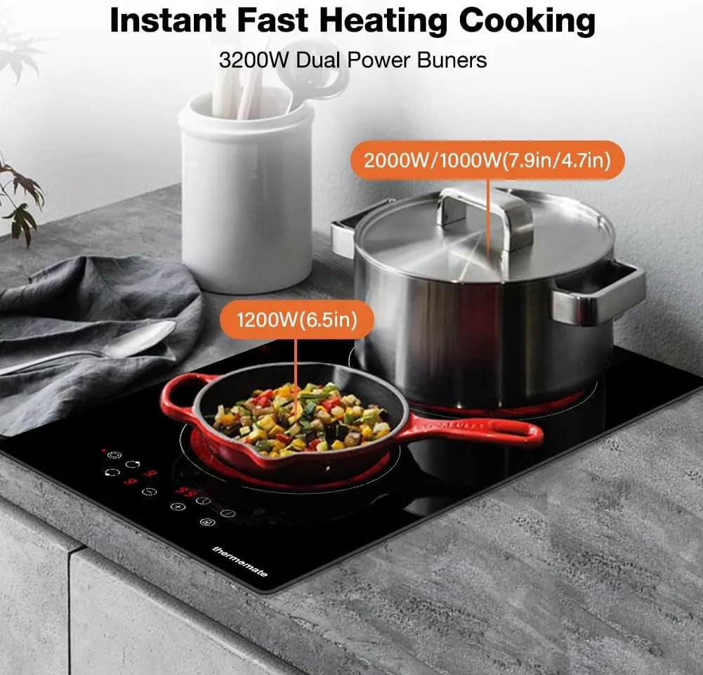ThermoMate 2 Burners Electric Cooktop, 12 Inch Built in Electric Radiant Stove Top, 3200W Ceramic Glass Cooktop with Sensor Touch Control, 9 Heating Level, Chlid Lock & Timer, 220-240V Hard Wire