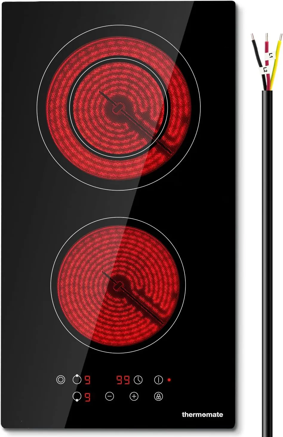 ThermoMate 2 Burners Electric Cooktop, 12 Inch Built in Electric Radiant Stove Top, 3200W Ceramic Glass Cooktop with Sensor Touch Control, 9 Heating Level, Chlid Lock & Timer, 220-240V Hard Wire