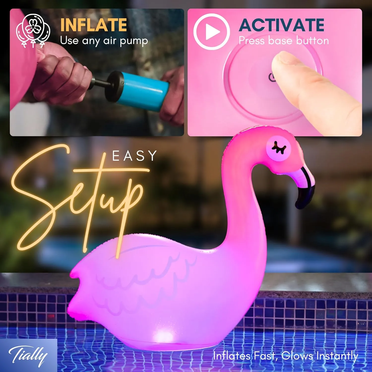 TIALLY Floating Pool Lights Solar Powered - Inflatable Solar Pool Lights, IP68 Waterproof Decor Float, Flamingo and Swans Decorations for Outdoor Use, for Women, Men, Adults