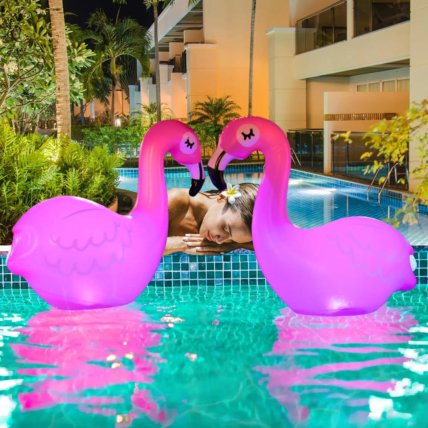 TIALLY Floating Pool Lights Solar Powered - Inflatable Solar Pool Lights, IP68 Waterproof Decor Float, Flamingo and Swans Decorations for Outdoor Use, for Women, Men, Adults
