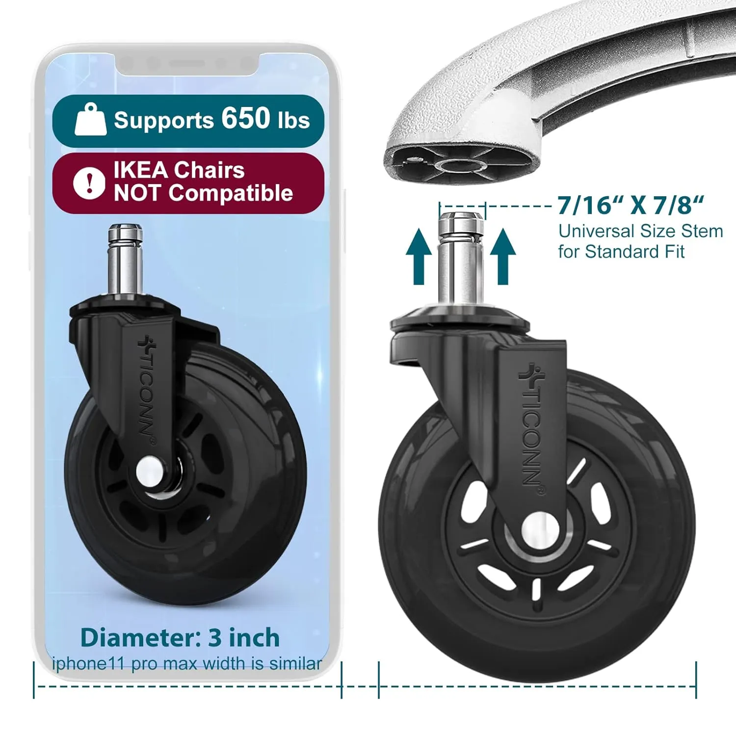 TICONN Office Chair Caster Wheels Set of 5 for Tile, Hardwood Floors and Carpets, Universal Fit for Most Chairs (Black)