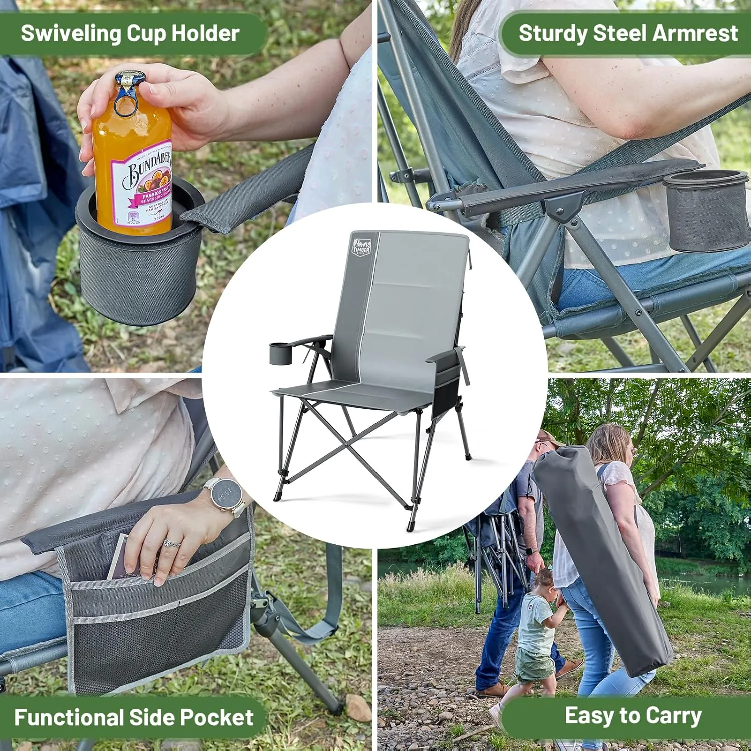 TIMBER RIDGE Oversized Camping Chair with Lumbar Support, Portable Folding Chair Heavy Duty for Adults Supports 450 LBS for Outdoor Camping, Lawn, with High Back, Cup Holder, Side Pocket - Grey