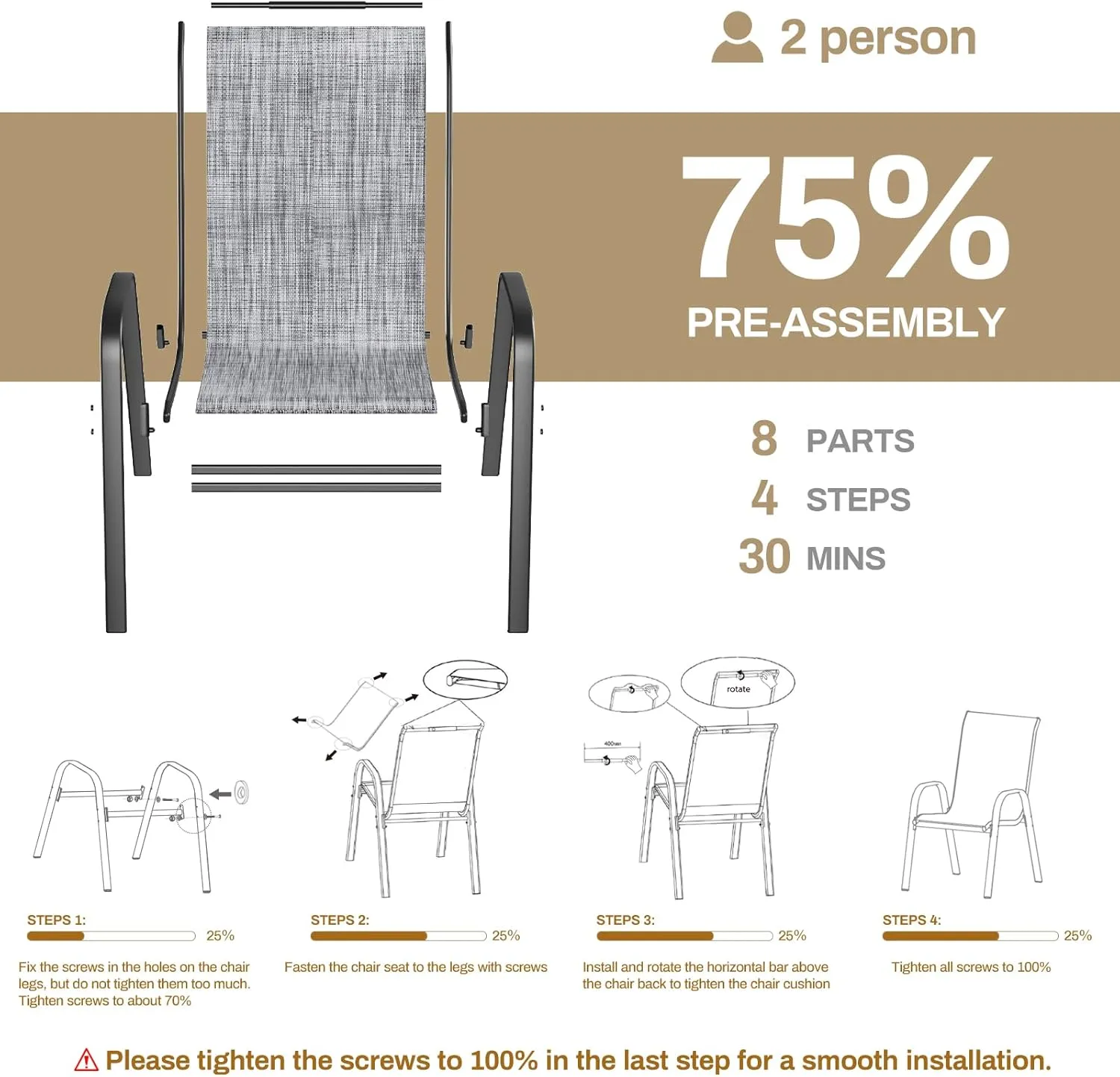 TLSUNNY Patio Chairs, Stackable Textilene Outdoor Dining Furniture for All Weather, with 17.7″ Wide Seat & Metal Frame, for Garden, Backyard, Deck, Restaurant, Poolside (Grey, Set of 8)