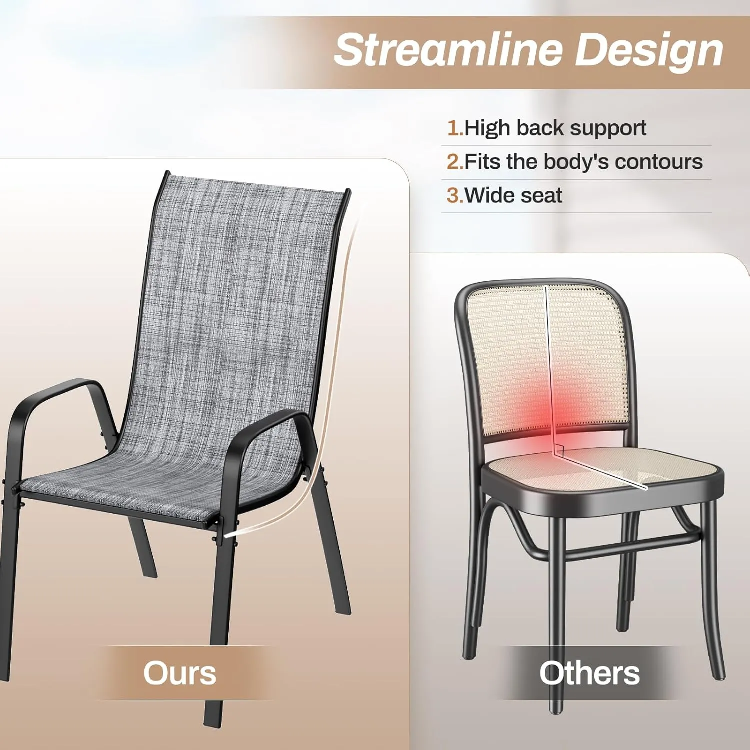 TLSUNNY Patio Chairs, Stackable Textilene Outdoor Dining Furniture for All Weather, with 17.7″ Wide Seat & Metal Frame, for Garden, Backyard, Deck, Restaurant, Poolside (Grey, Set of 8)