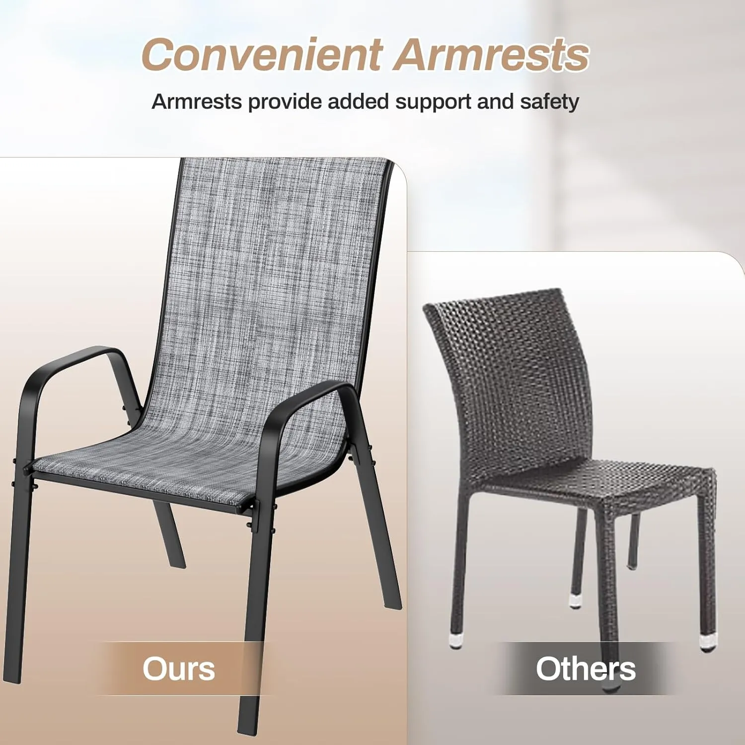 TLSUNNY Patio Chairs, Stackable Textilene Outdoor Dining Furniture for All Weather, with 17.7″ Wide Seat & Metal Frame, for Garden, Backyard, Deck, Restaurant, Poolside (Grey, Set of 8)