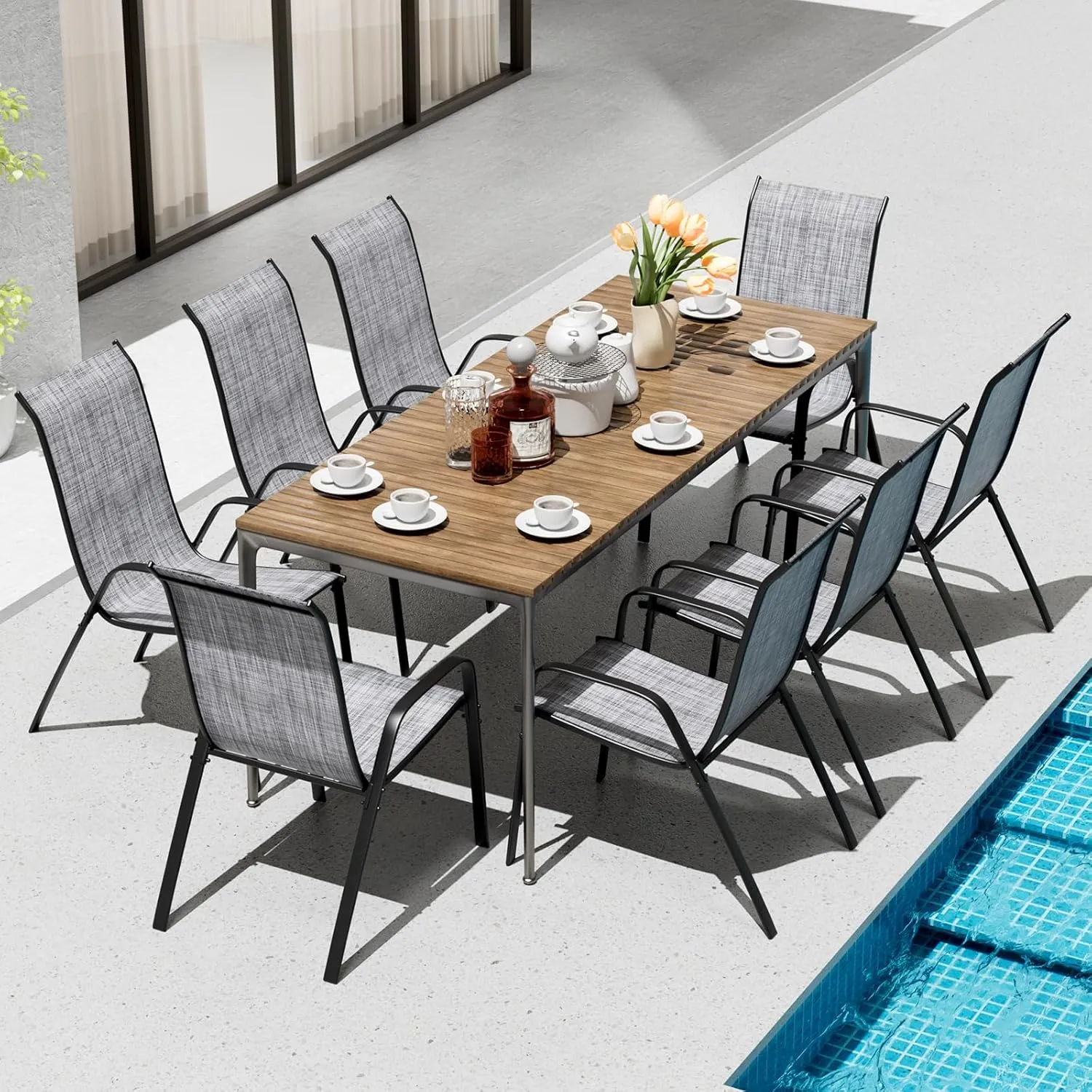 TLSUNNY Patio Chairs, Stackable Textilene Outdoor Dining Furniture for All Weather, with 17.7″ Wide Seat & Metal Frame, for Garden, Backyard, Deck, Restaurant, Poolside (Grey, Set of 8)