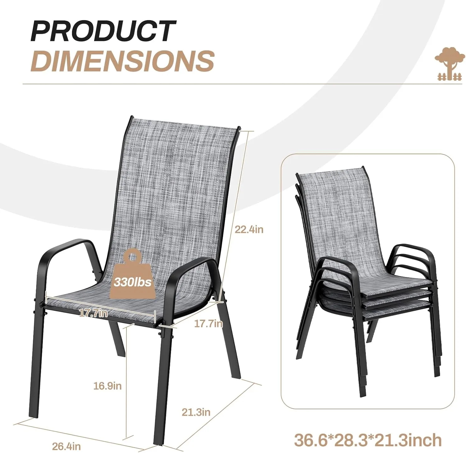 TLSUNNY Patio Chairs, Stackable Textilene Outdoor Dining Furniture for All Weather, with 17.7″ Wide Seat & Metal Frame, for Garden, Backyard, Deck, Restaurant, Poolside (Grey, Set of 8)