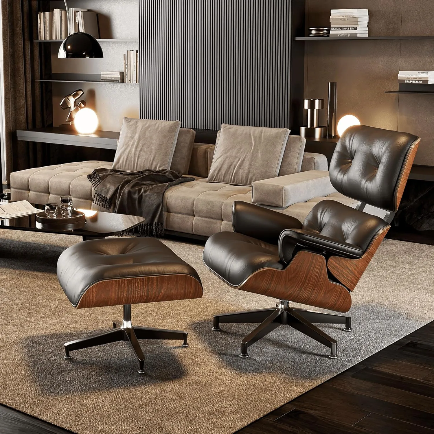 Top Black Grain Leather, Mid Century Chaise Lounge Chair and Ottoman, Modern Chair Classic Design, Heavy Duty Base Support for Living Room Study Lounge Office, Palisander