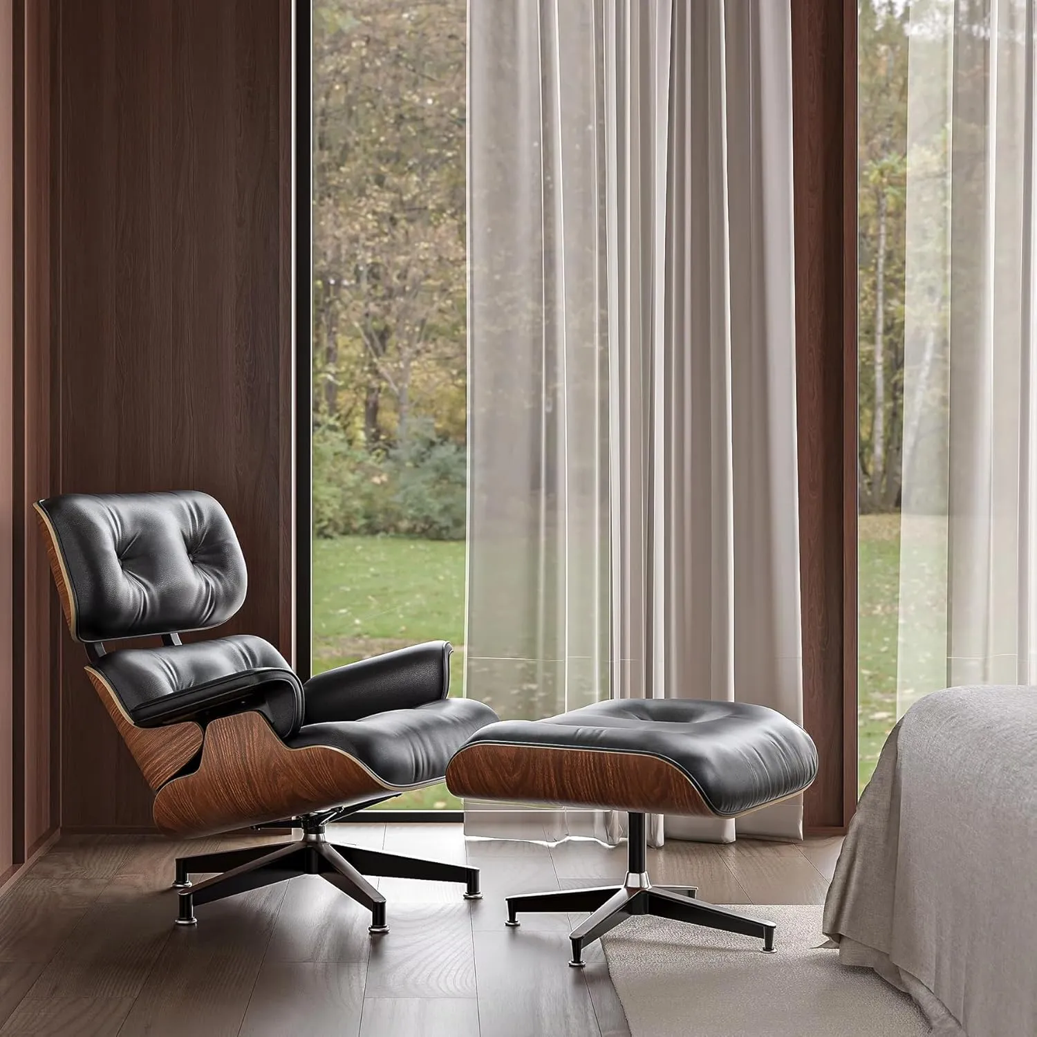 Top Black Grain Leather, Mid Century Chaise Lounge Chair and Ottoman, Modern Chair Classic Design, Heavy Duty Base Support for Living Room Study Lounge Office, Palisander