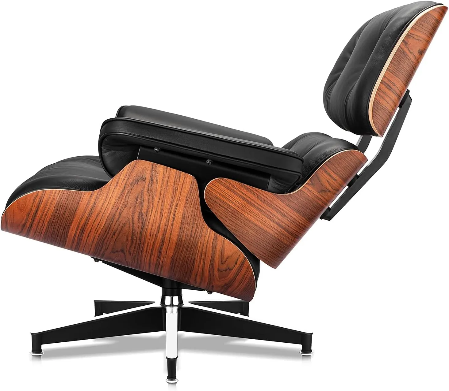 Top Black Grain Leather, Mid Century Chaise Lounge Chair and Ottoman, Modern Chair Classic Design, Heavy Duty Base Support for Living Room Study Lounge Office, Palisander