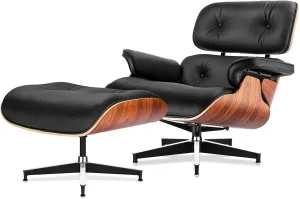 Top Black Grain Leather, Mid Century Chaise Lounge Chair and Ottoman, Modern Chair Classic Design, Heavy Duty Base Support for Living Room Study Lounge Office (Tall, Palisander-Black)