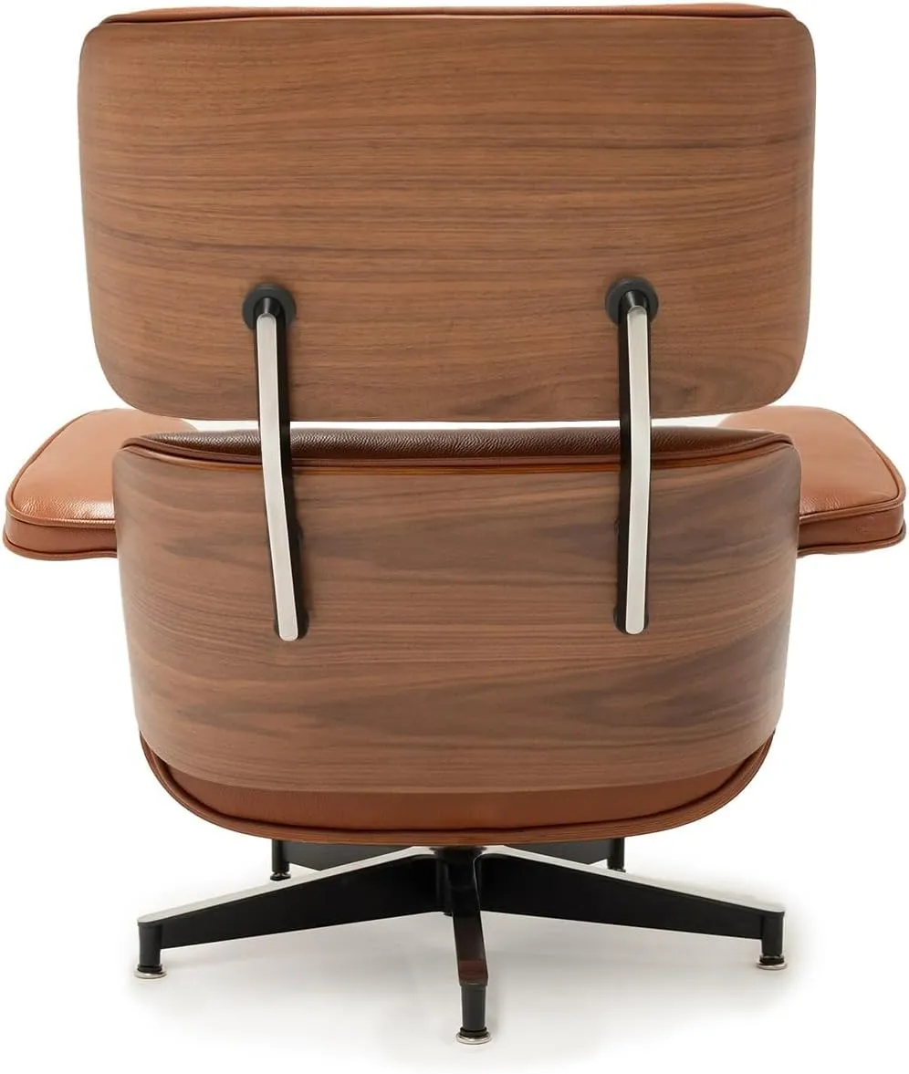 Top Black Grain Leather, Mid Century Chaise Lounge Chair and Ottoman, Modern Chair Classic Design, Heavy Duty Base Support for Living Room Study Lounge Office (Tall, Walnut-Brown)