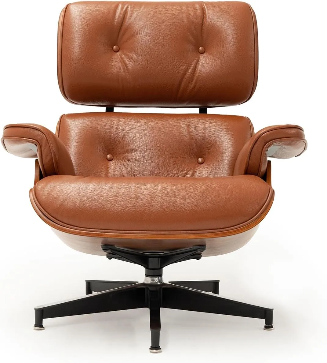 Top Black Grain Leather, Mid Century Chaise Lounge Chair and Ottoman, Modern Chair Classic Design, Heavy Duty Base Support for Living Room Study Lounge Office (Tall, Walnut-Brown)