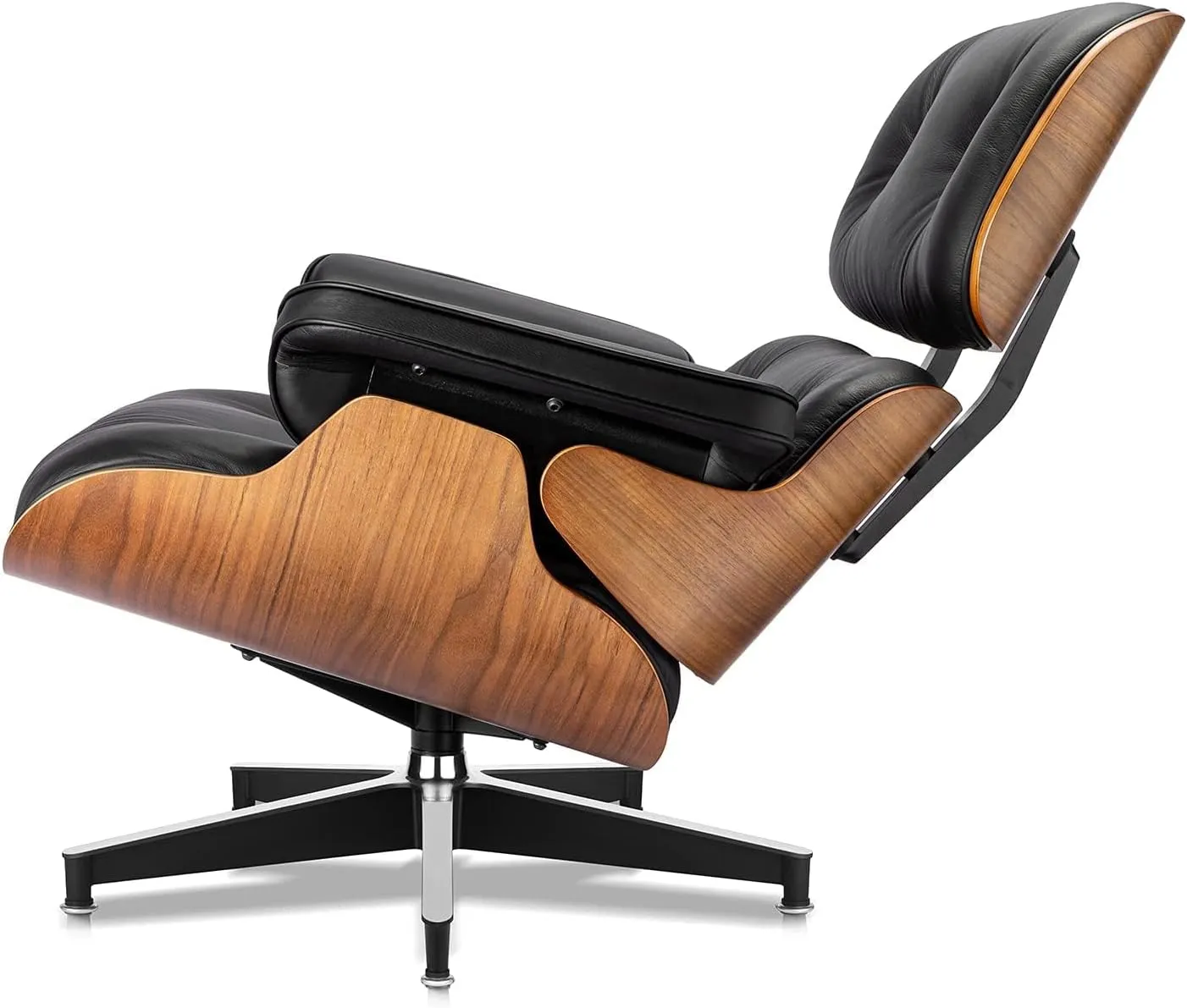 Top Black Grain Leather, Mid Century Chaise Lounge Chair and Ottoman, Modern Chair Classic Design, Heavy Duty Base Support for Living Room Study Lounge Office (Upgraded, Walnut-Black)