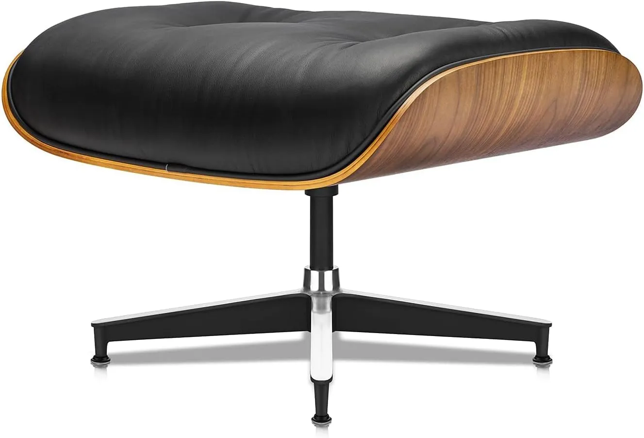Top Black Grain Leather, Mid Century Chaise Lounge Chair and Ottoman, Modern Chair Classic Design, Heavy Duty Base Support for Living Room Study Lounge Office (Upgraded, Walnut-Black)