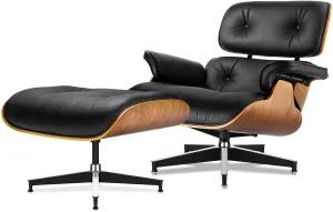 Top Black Grain Leather, Mid Century Chaise Lounge Chair and Ottoman, Modern Chair Classic Design, Heavy Duty Base Support for Living Room Study Lounge Office (Upgraded, Walnut-Black)