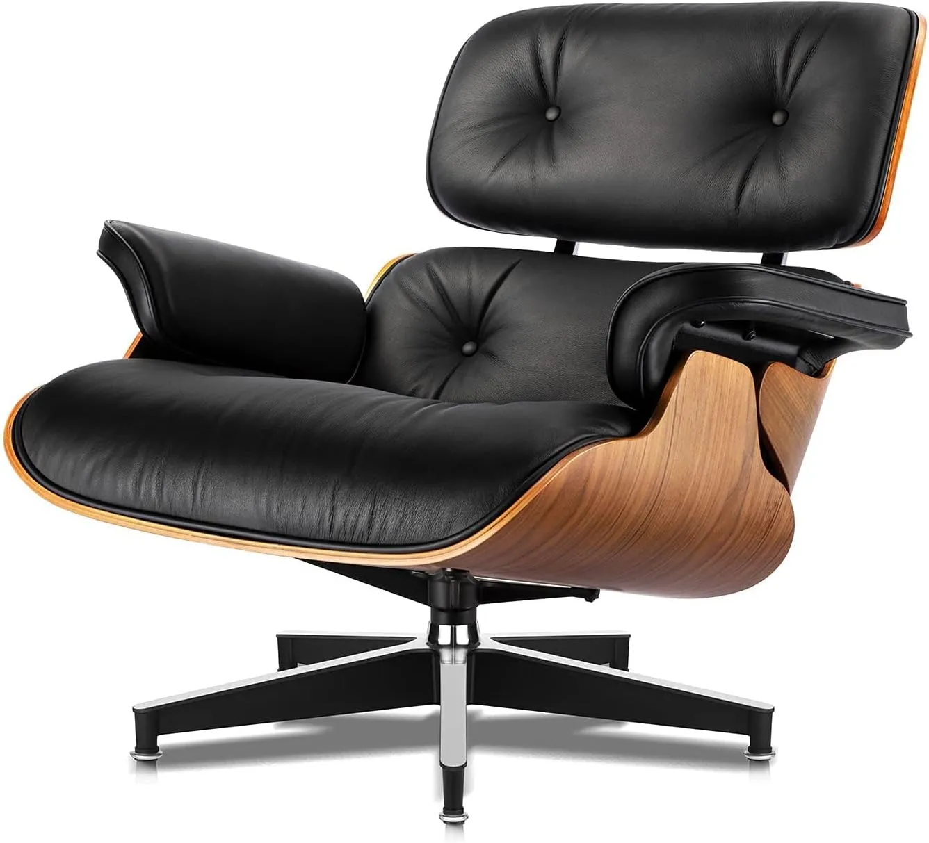 Top Black Grain Leather, Mid Century Chaise Lounge Chair and Ottoman, Modern Chair Classic Design, Heavy Duty Base Support for Living Room Study Lounge Office (Upgraded, Walnut-Black)