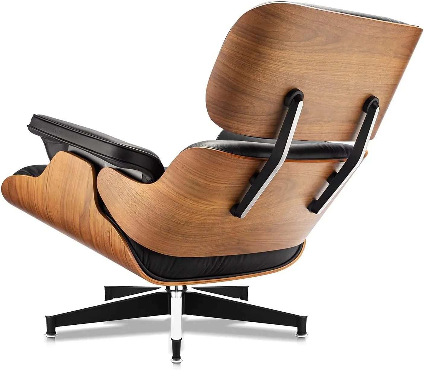 Top Black Grain Leather, Mid Century Chaise Lounge Chair and Ottoman, Modern Chair Classic Design, Heavy Duty Base Support for Living Room Study Lounge Office (Upgraded, Walnut-Black)