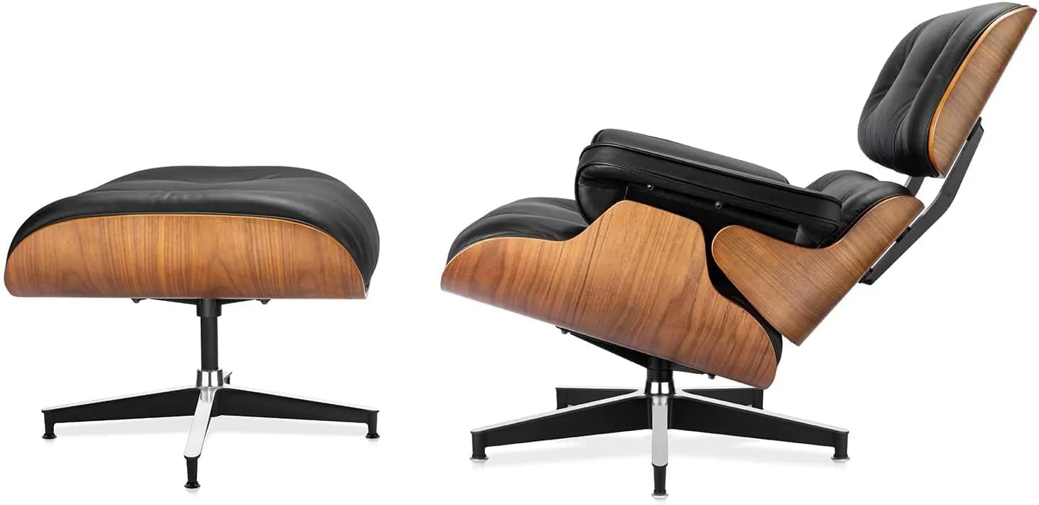 Top Black Grain Leather, Mid Century Chaise Lounge Chair and Ottoman, Modern Chair Classic Design, Heavy Duty Base Support for Living Room Study Lounge Office (Upgraded, Walnut-Black)