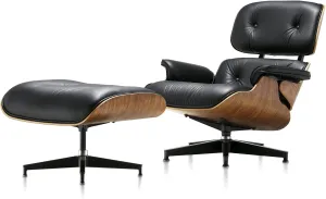 Top Black Grain Leather, Mid Century Chaise Lounge Chair and Ottoman, Modern Chair Classic Design, Heavy Duty Base Support for Living Room Study Lounge Office (Walnut-Black)