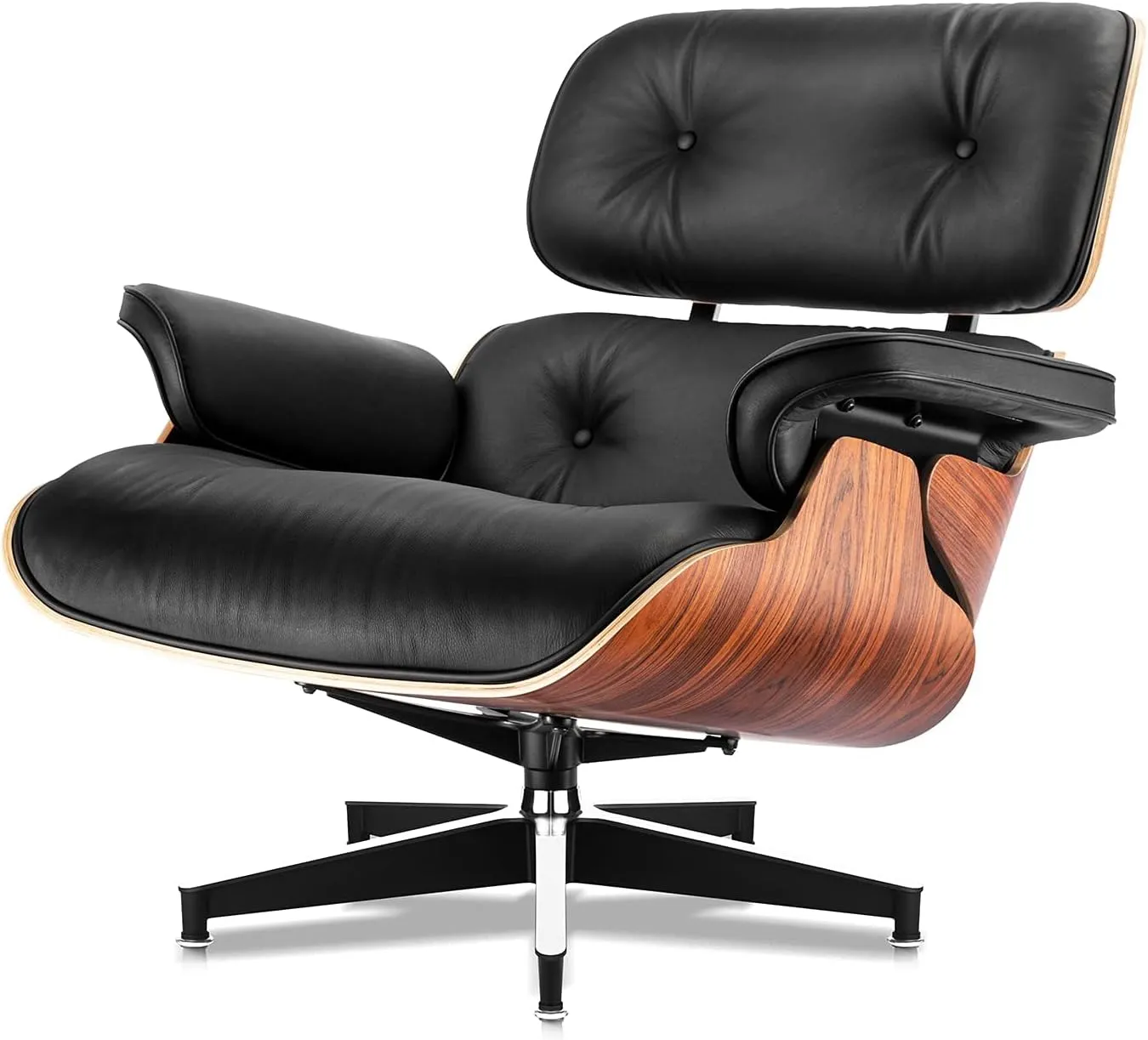 Top Black Grain Leather, Mid Century Chaise Lounge Chair and Ottoman, Modern Chair Classic Design, Palisander Wood, Heavy Duty Base Support for Living Room Office