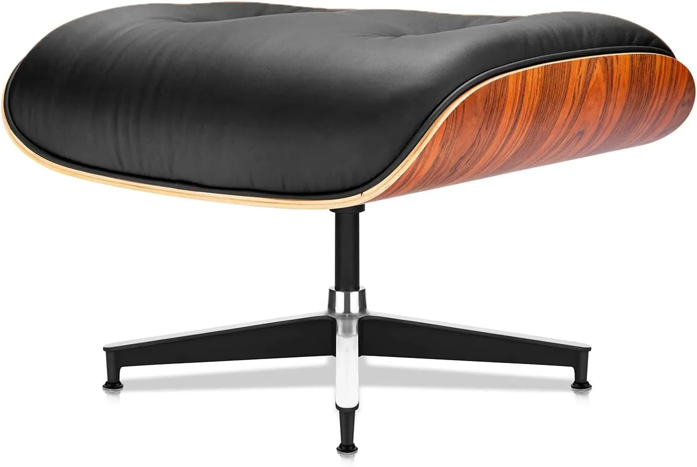 Top Black Grain Leather, Mid Century Chaise Lounge Chair and Ottoman, Modern Chair Classic Design, Palisander Wood, Heavy Duty Base Support for Living Room Office