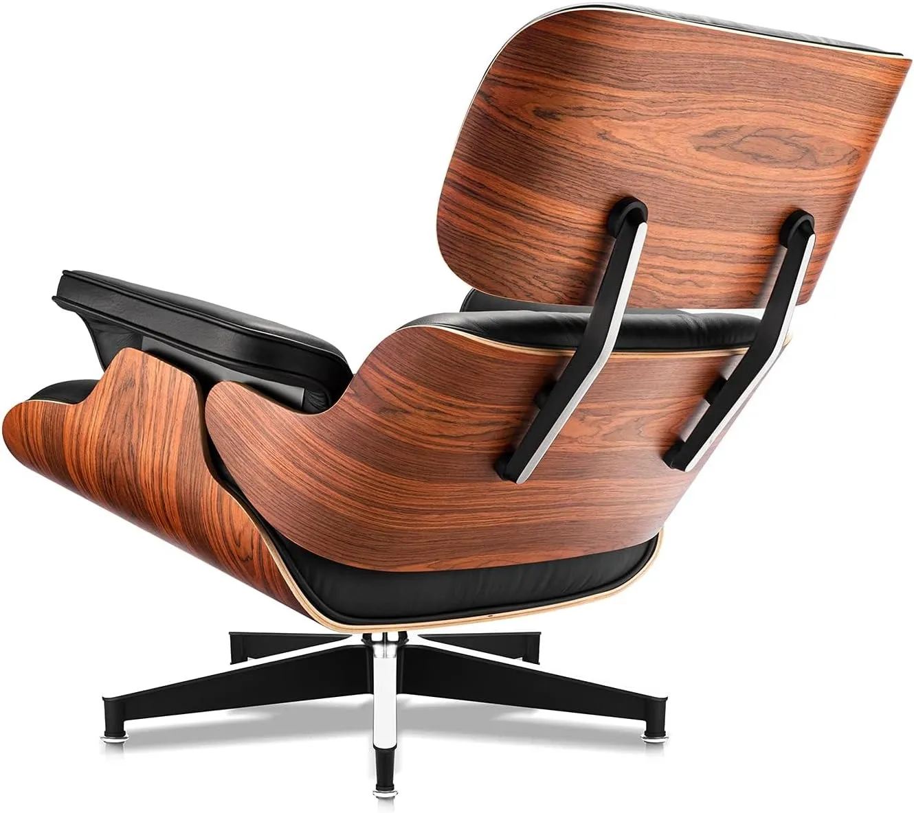 Top Black Grain Leather, Mid Century Chaise Lounge Chair and Ottoman, Modern Chair Classic Design, Palisander Wood, Heavy Duty Base Support for Living Room Office