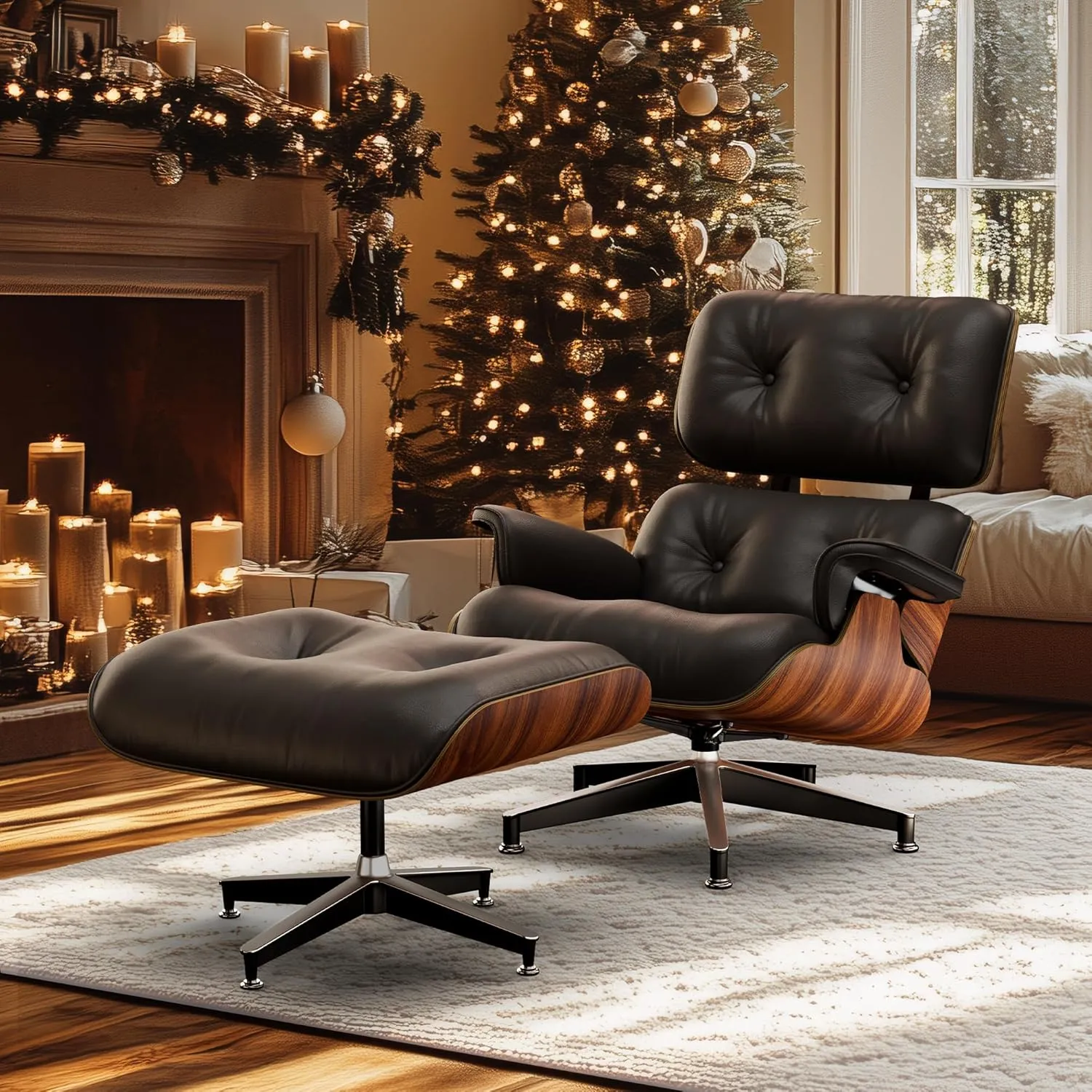 Top Black Grain Leather, Mid Century Chaise Lounge Chair and Ottoman, Modern Chair Classic Design, Palisander Wood, Heavy Duty Base Support for Living Room Office