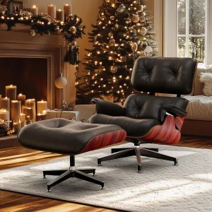 Top Black Grain Leather, Mid Century Chaise Lounge Chair and Ottoman, Modern Chair Classic Design, Red Rosewood, Heavy Duty Base Support for Living Room Office