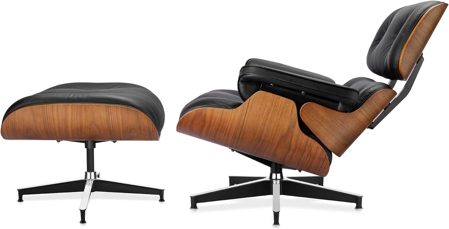 Top Black Grain Leather, Mid Century Chaise Lounge Chair and Ottoman, Modern Chair Classic Design, Walnut Wood, Heavy Duty Base Support for Living Room Office