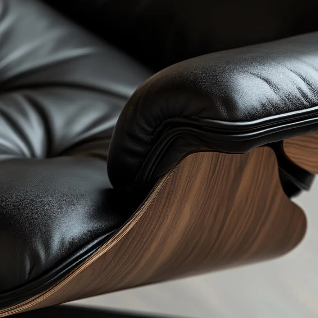 Top Black Grain Leather, Mid Century Chaise Lounge Chair and Ottoman, Modern Chair Classic Design, Walnut Wood, Heavy Duty Base Support for Living Room Office