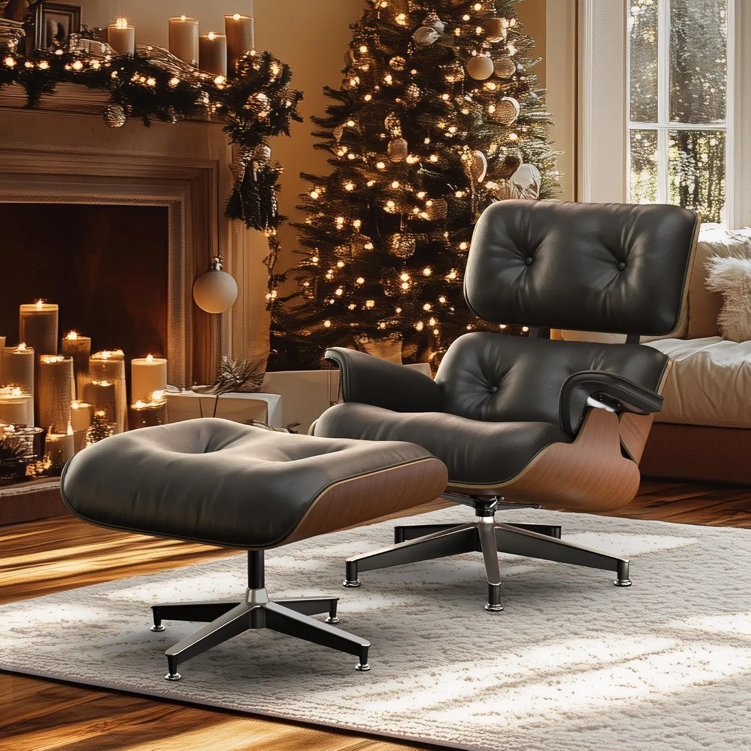 Top Black Grain Leather, Mid Century Chaise Lounge Chair and Ottoman, Modern Chair Classic Design, Walnut Wood, Heavy Duty Base Support for Living Room Study Lounge Office