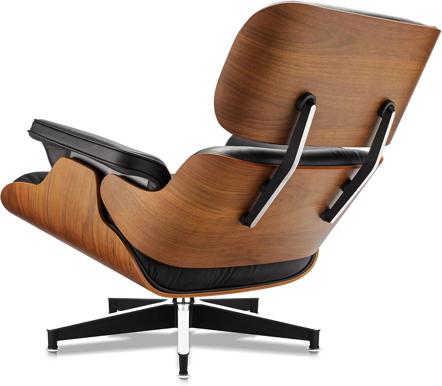 Top Black Grain Leather, Mid Century Chaise Lounge Chair and Ottoman, Modern Chair Classic Design, Walnut Wood, Heavy Duty Base Support for Living Room Study Lounge Office