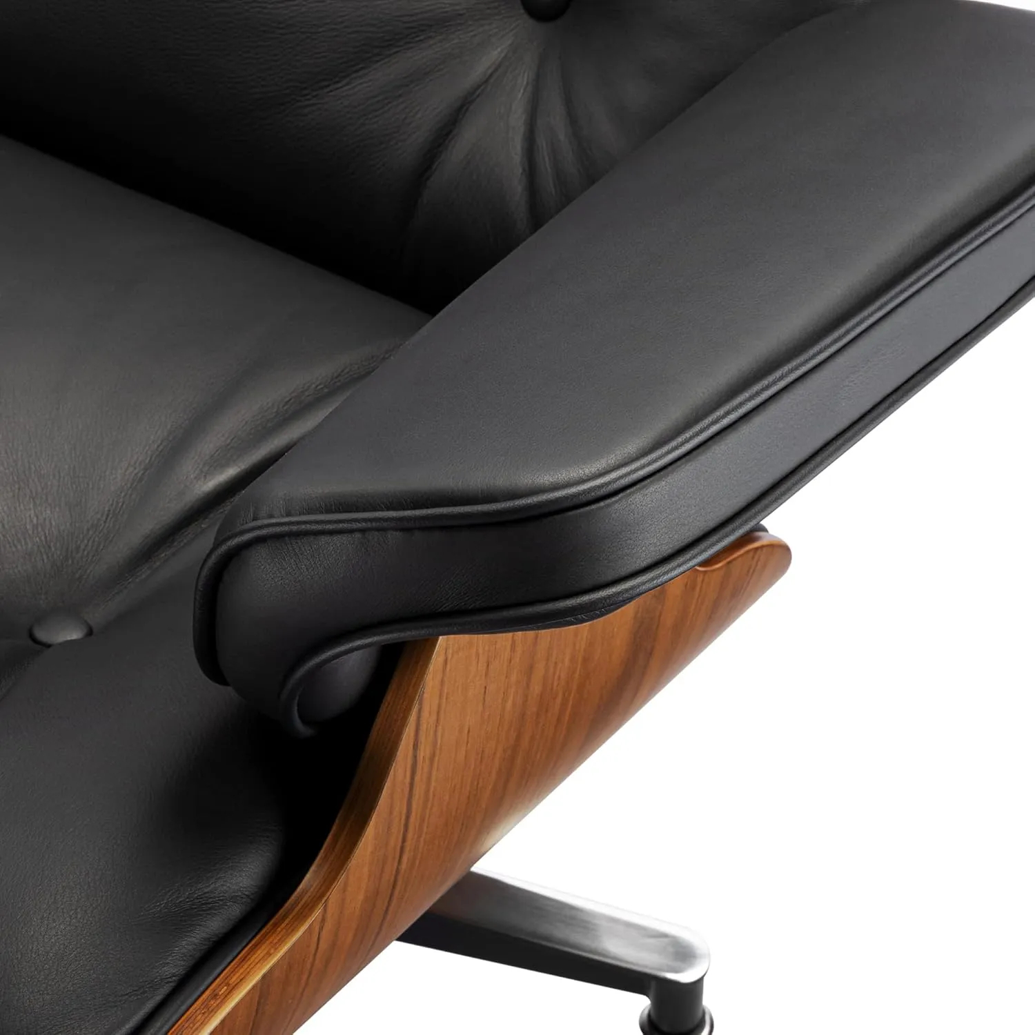 Top Black Grain Leather, Mid Century Chaise Lounge Chair and Ottoman, Modern Chair Classic Design, Walnut Wood, Heavy Duty Base Support for Living Room Study Lounge Office
