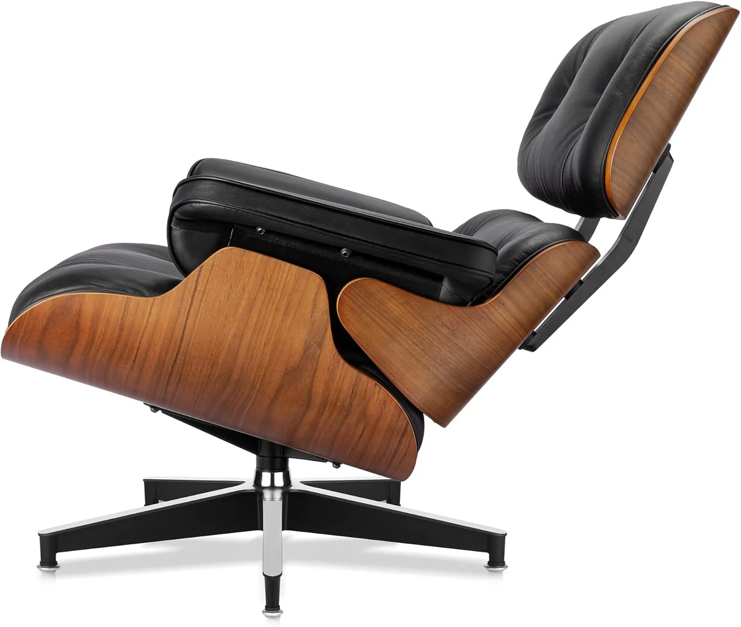 Top Black Grain Leather, Mid Century Chaise Lounge Chair and Ottoman, Modern Chair Classic Design, Walnut Wood, Heavy Duty Base Support for Living Room Study Lounge Office