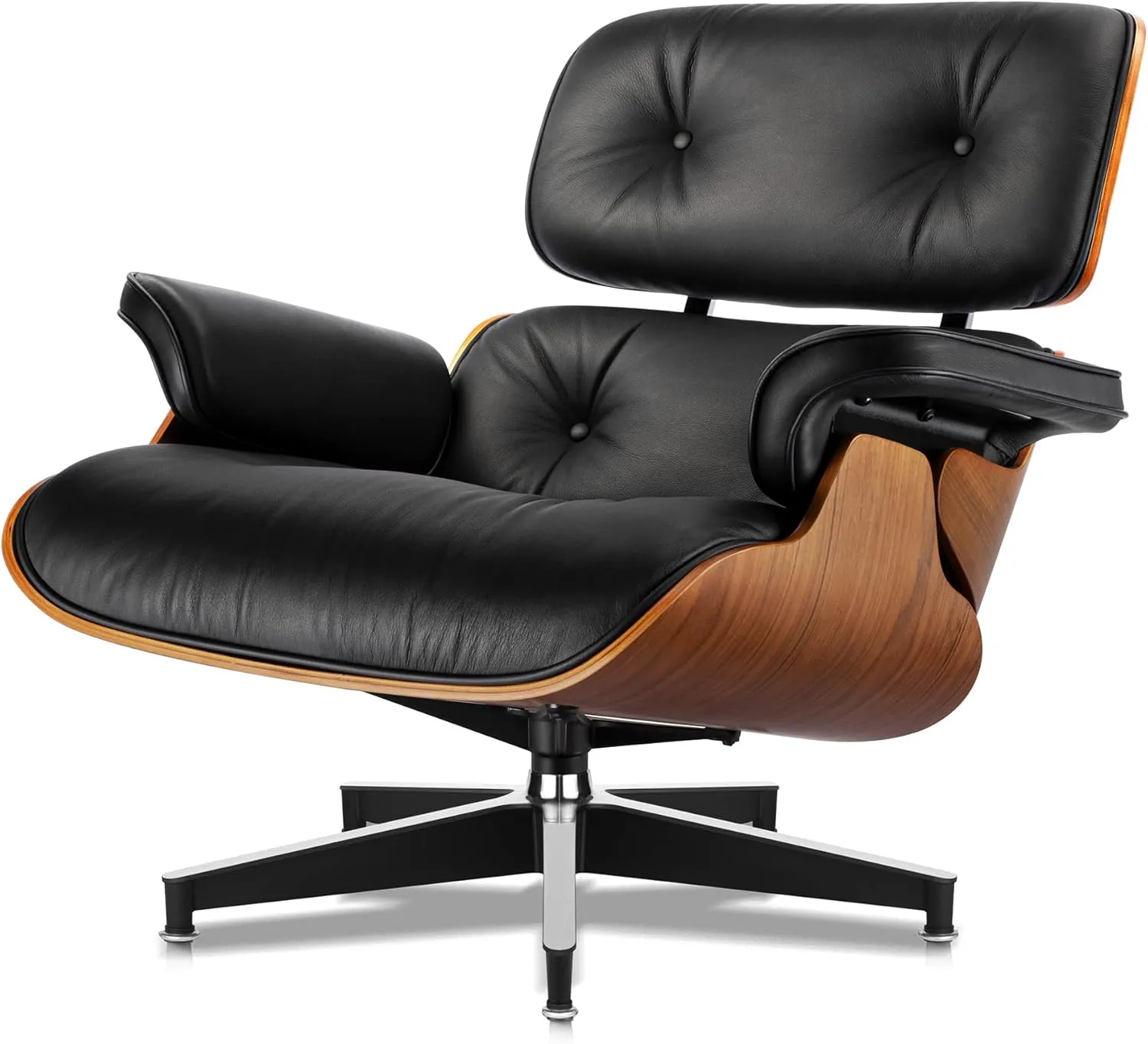 Top Black Grain Leather, Mid Century Chaise Lounge Chair and Ottoman, Modern Chair Classic Design, Walnut Wood, Heavy Duty Base Support for Living Room Study Lounge Office