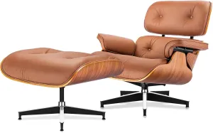 Top Grain Leather, Mid Century Chaise Lounge Chair and Ottoman, Modern Chair Classic Design, Heavy Duty Base Support for Living Room Study Lounge Office, Walnut-Brown, Heightening