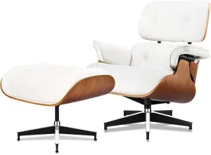 Top Grain Leather, Mid Century Chaise Lounge Chair and Ottoman, Modern Chair Classic Design, Heavy Duty Base Support for Living Room Study Lounge Office, Walnut-White
