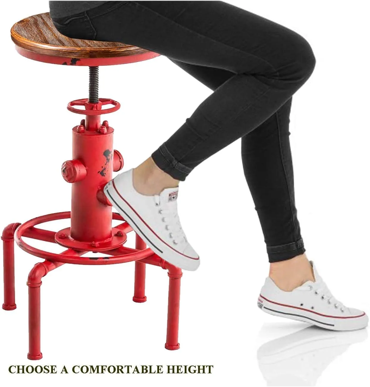 Topower Aged Antique Vintage Industrial Barstool Solid Wood Water Pipe Fire Hydrant Design Cafe Coffee Industrial Bar Stool Set of 2 Antique Red