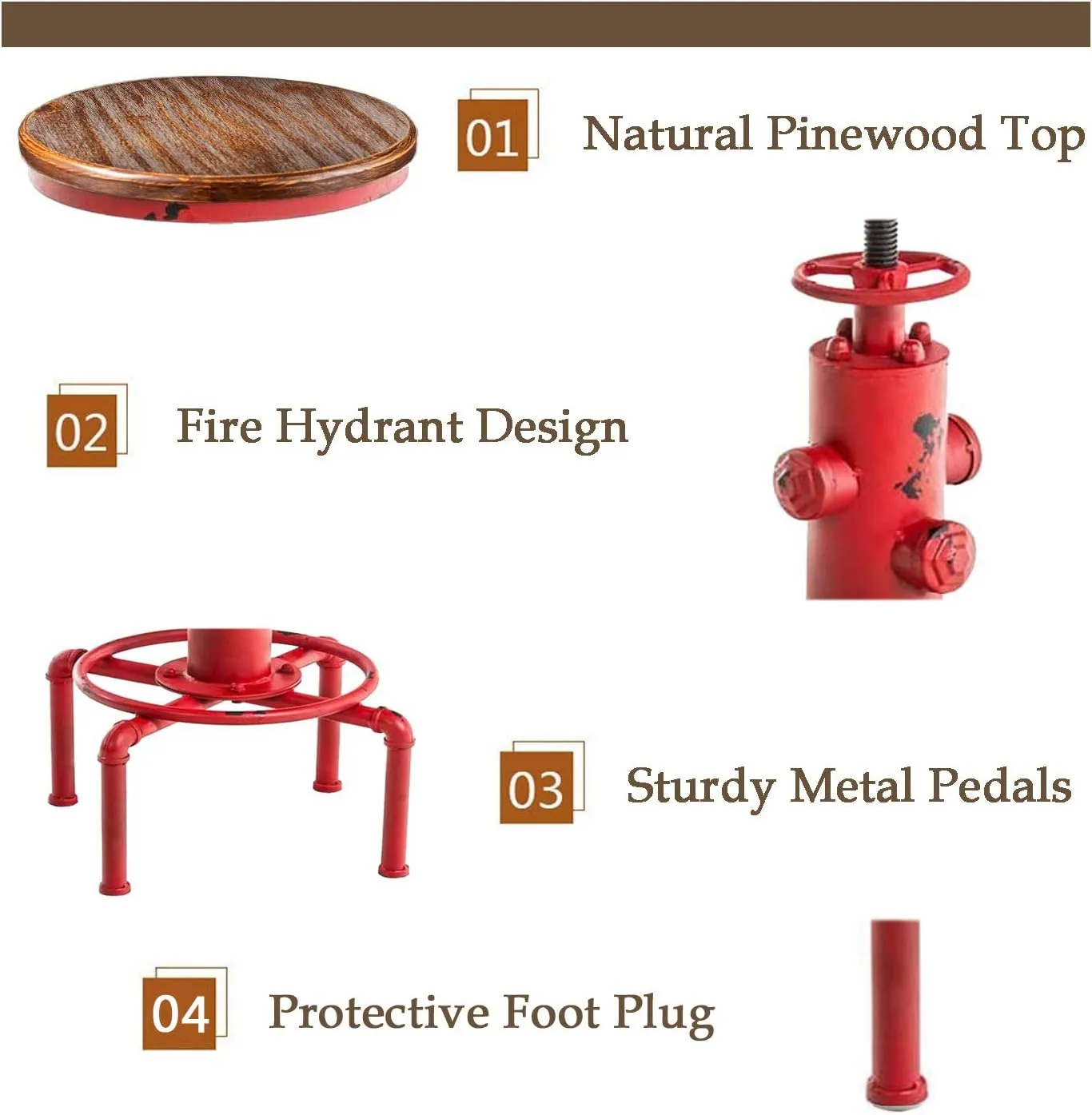 Topower Aged Antique Vintage Industrial Barstool Solid Wood Water Pipe Fire Hydrant Design Cafe Coffee Industrial Bar Stool Set of 2 Antique Red