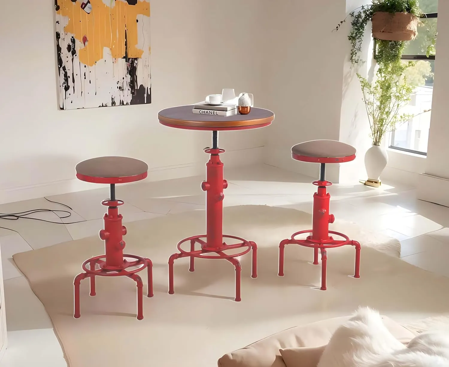 Topower Aged Antique Vintage Industrial Barstool Solid Wood Water Pipe Fire Hydrant Design Cafe Coffee Industrial Bar Stool Set of 2 Antique Red