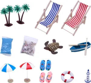 Toyvian Doll Accessories Beach Accessories Mini Resin Beach Landscape Swimming Pool Miniature Umbrella 1:12 Folding Beach Sunbath Chair Set Decoration Tiny House