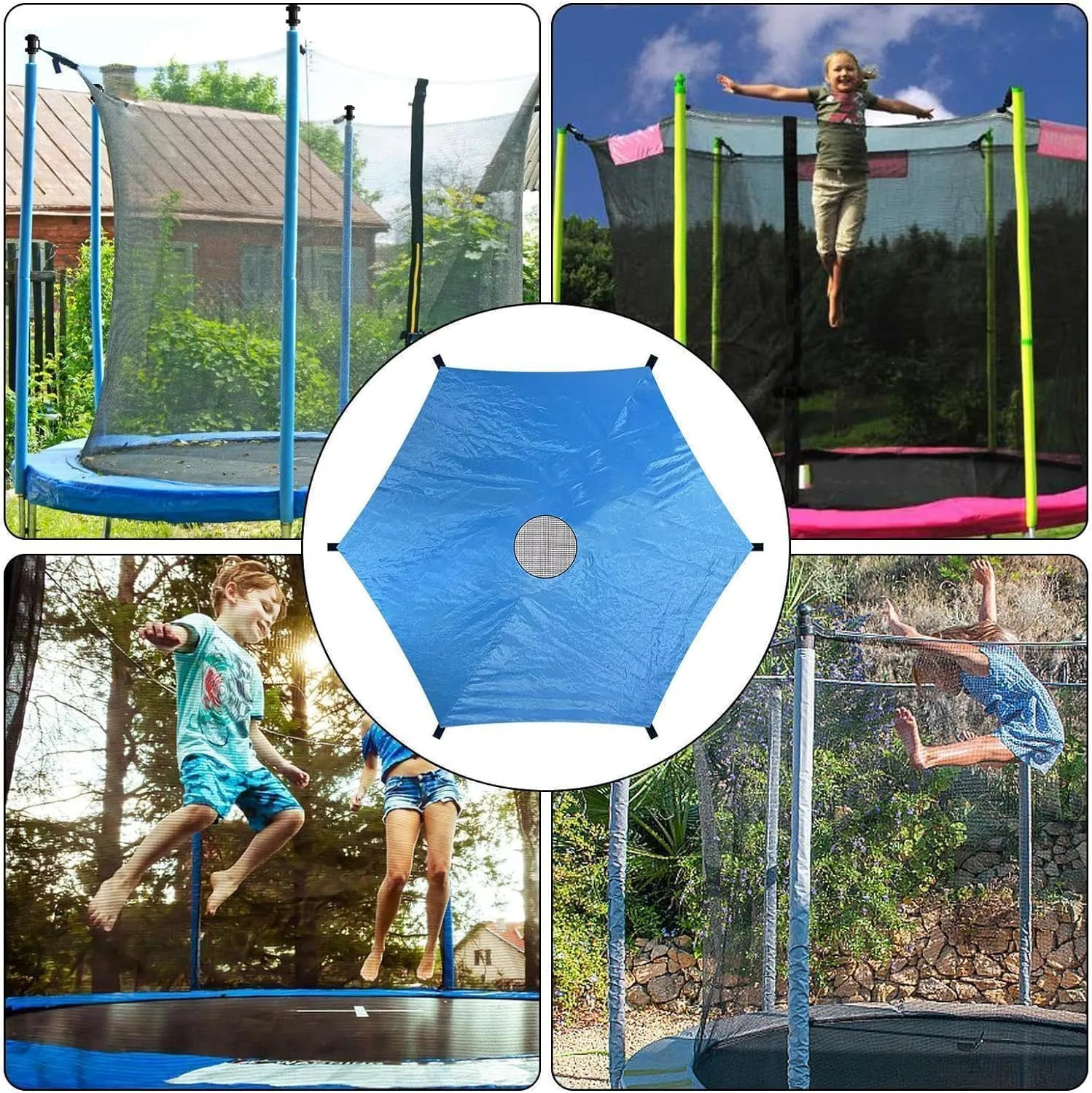 Trampoline Shade Cover 6/8/10/12/14/16ft Sun-Protection Waterproof Trampolines Canopy Anti-UVTrampolines Sunshade Accessories for Backyard Playground 6/8/12 Poles Easy Install (16FT)