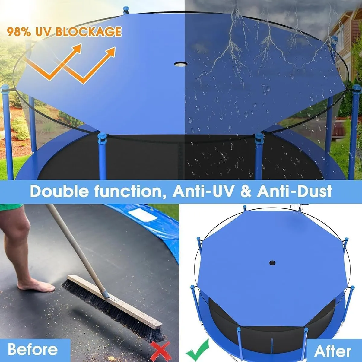 Trampoline Shade Cover 6/8/10/12/14/16ft Sun-Protection Waterproof Trampolines Canopy Anti-UVTrampolines Sunshade Accessories for Backyard Playground 6/8/12 Poles Easy Install (16FT)