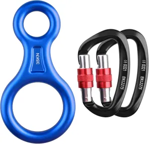 TRIWONDER 35KN Climb Figure 8 Descender and 25kN (5620 lbs) Climbing Carabiners Clips Heavy Duty UIAA Certified Black and Blue
