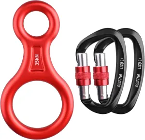 TRIWONDER 35KN Climb Figure 8 Descender and 25kN (5620 lbs) Climbing Carabiners Clips Heavy Duty UIAA Certified Red and Black