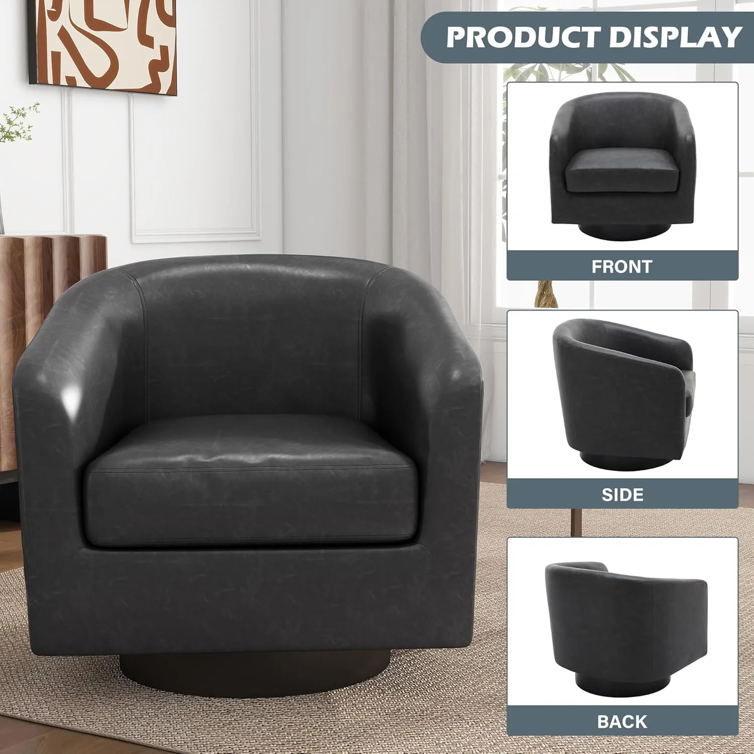 UIXE PU Leather Swivel Barrel Accent Chair Armchair for Living Room, Modern Round Club Arm Chair Upholstered Single Sofa Seating Corner Nook Side Reading Seat - Black